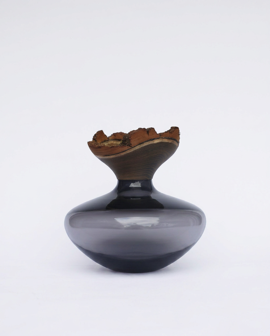 BLOOM | Stacking Vessel in Glass & Smoked Wood