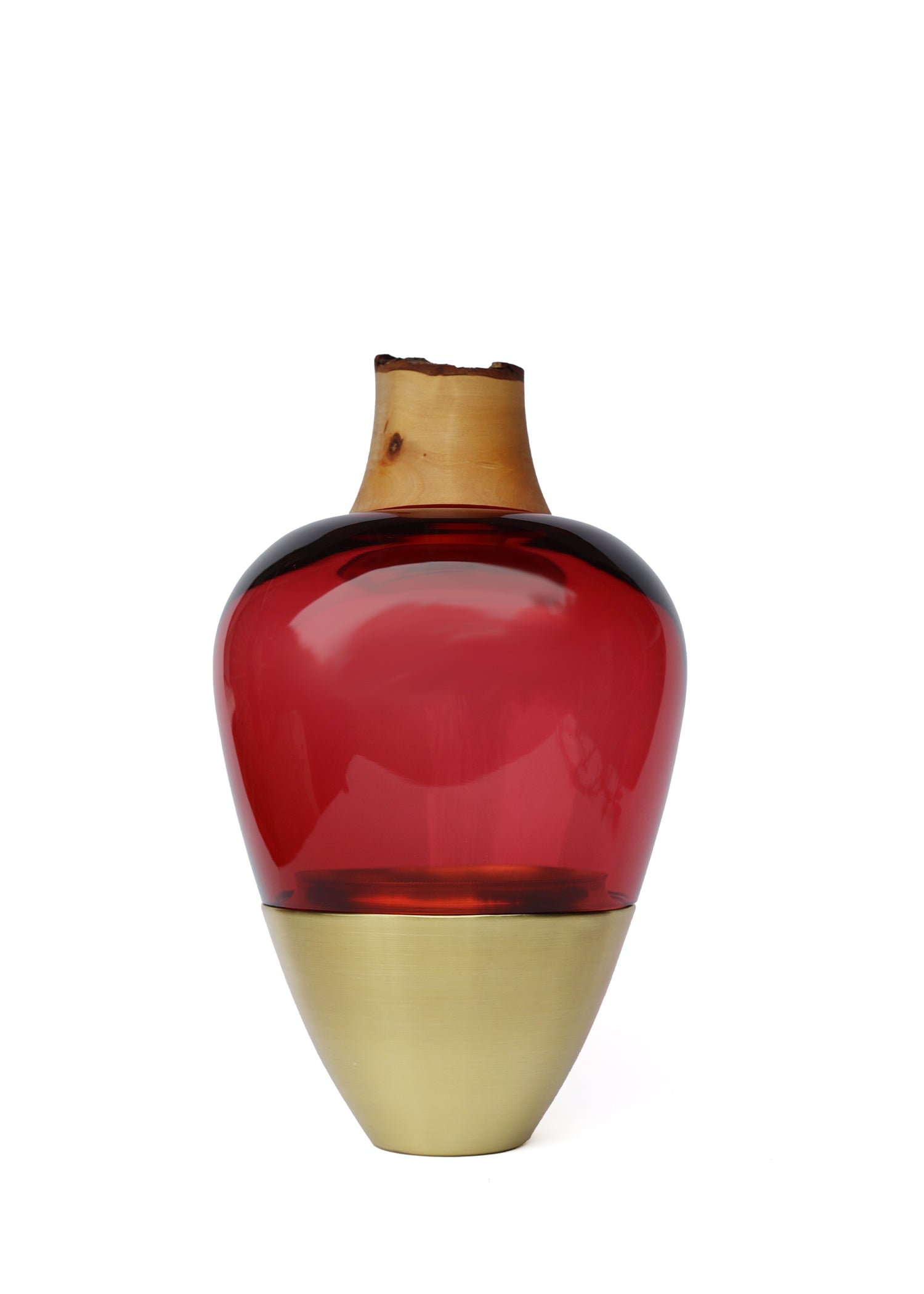 India I Stacking Vessel in Red & Brass, combining vibrant red hues with brass accents to create a bold and sophisticated statement piece.