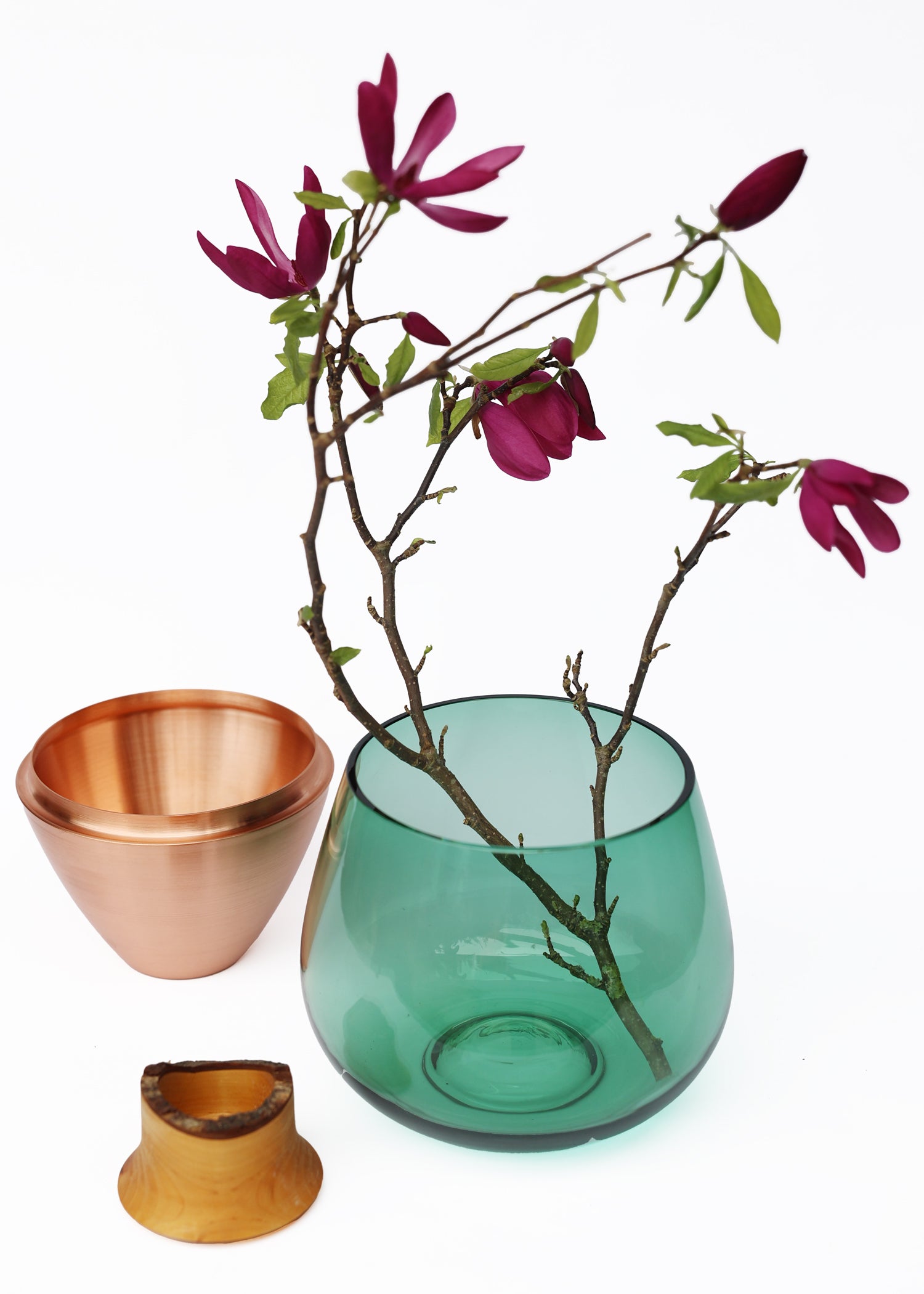 India I Stacking Vessel in BlueGreen & CopperUnstacked with Flowers, featuring a vibrant mix of blue-green hues and warm copper accents for a bold, striking appearance.