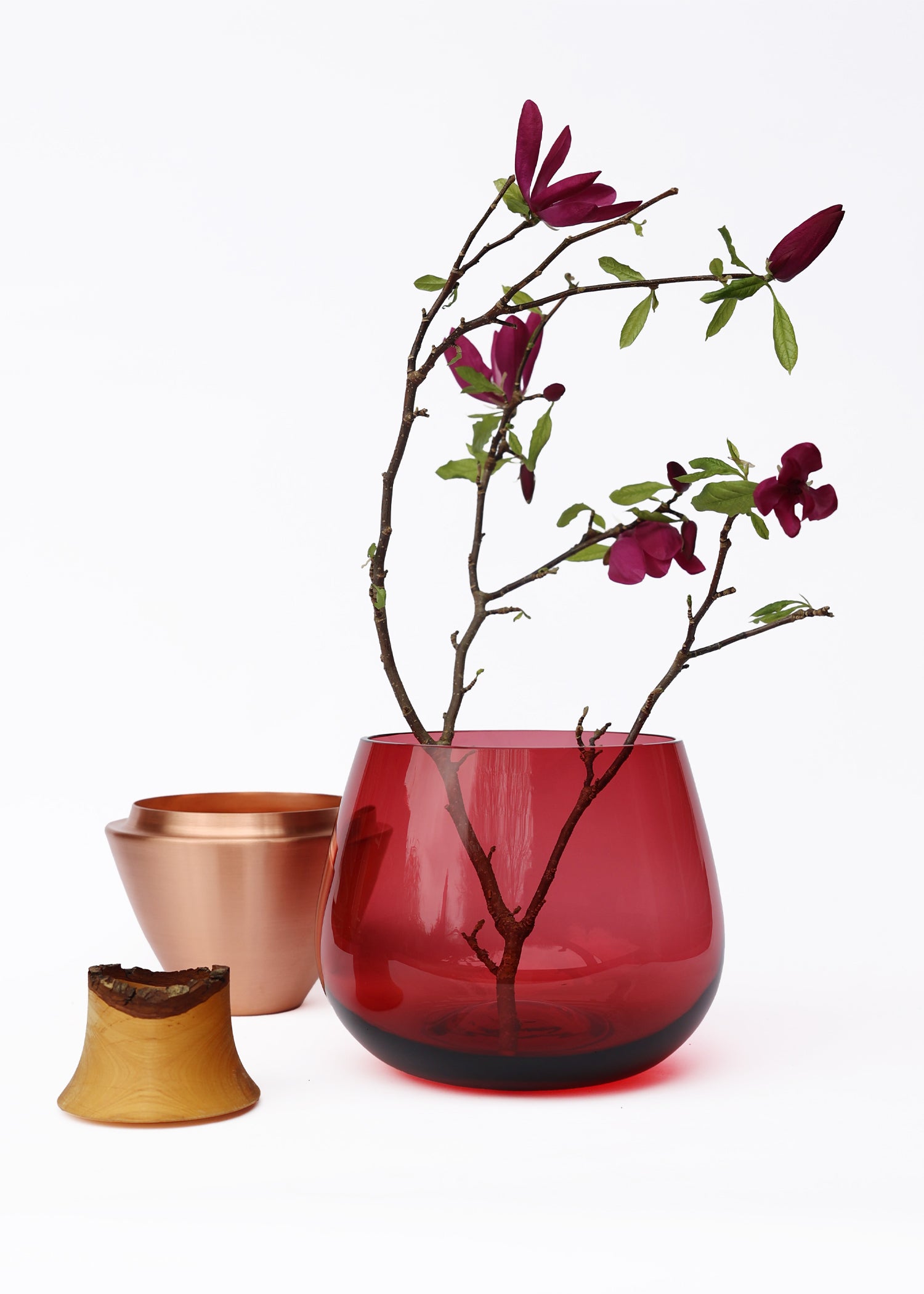 India I Stacking Vessel in Red & Copper Unstacked with Flowers, featuring rich red tones with copper accents for a striking and eye-catching design.