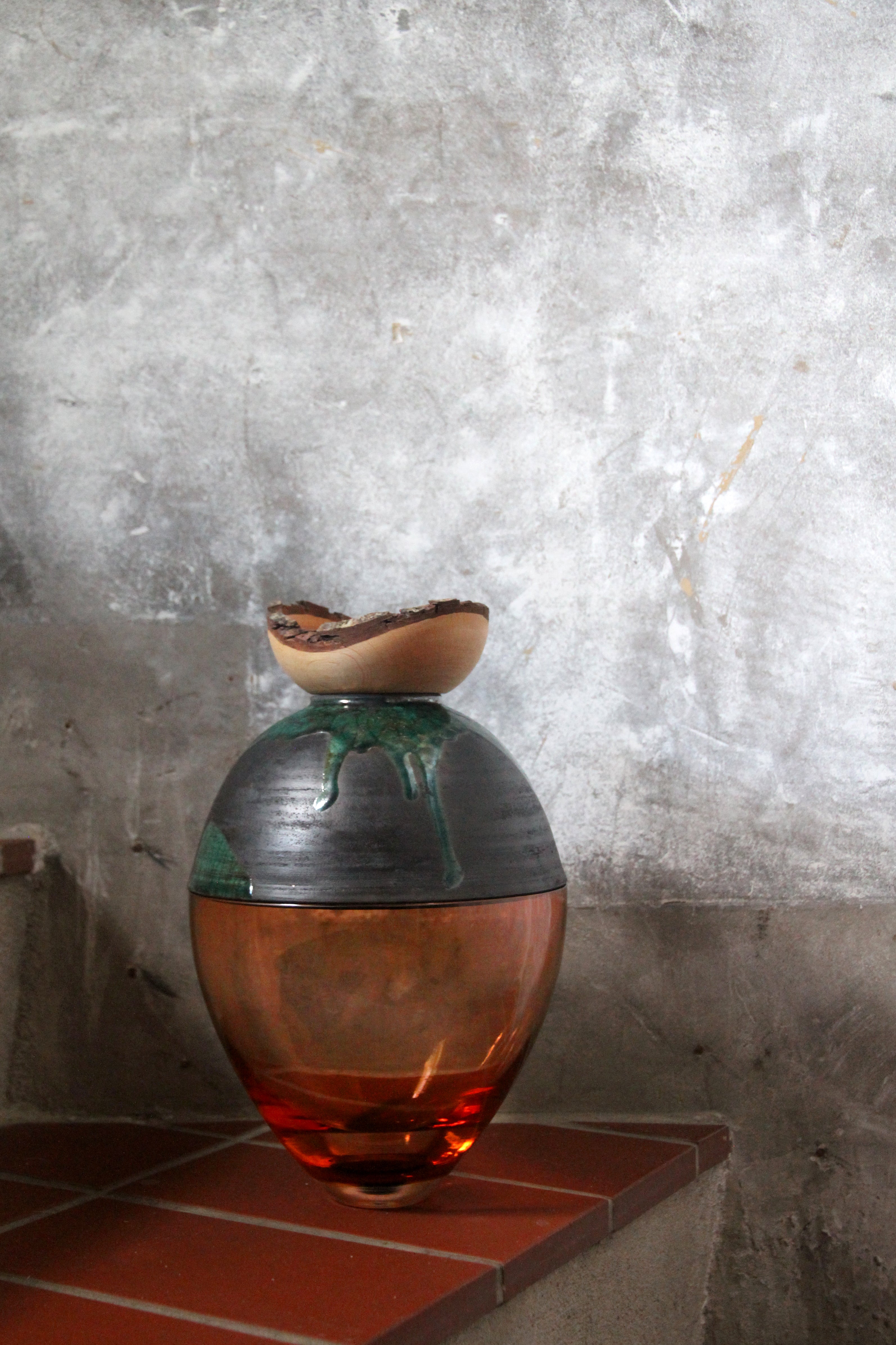 Butterfly | Stacking Vessel in Glass , Raku Ceramic & Wood