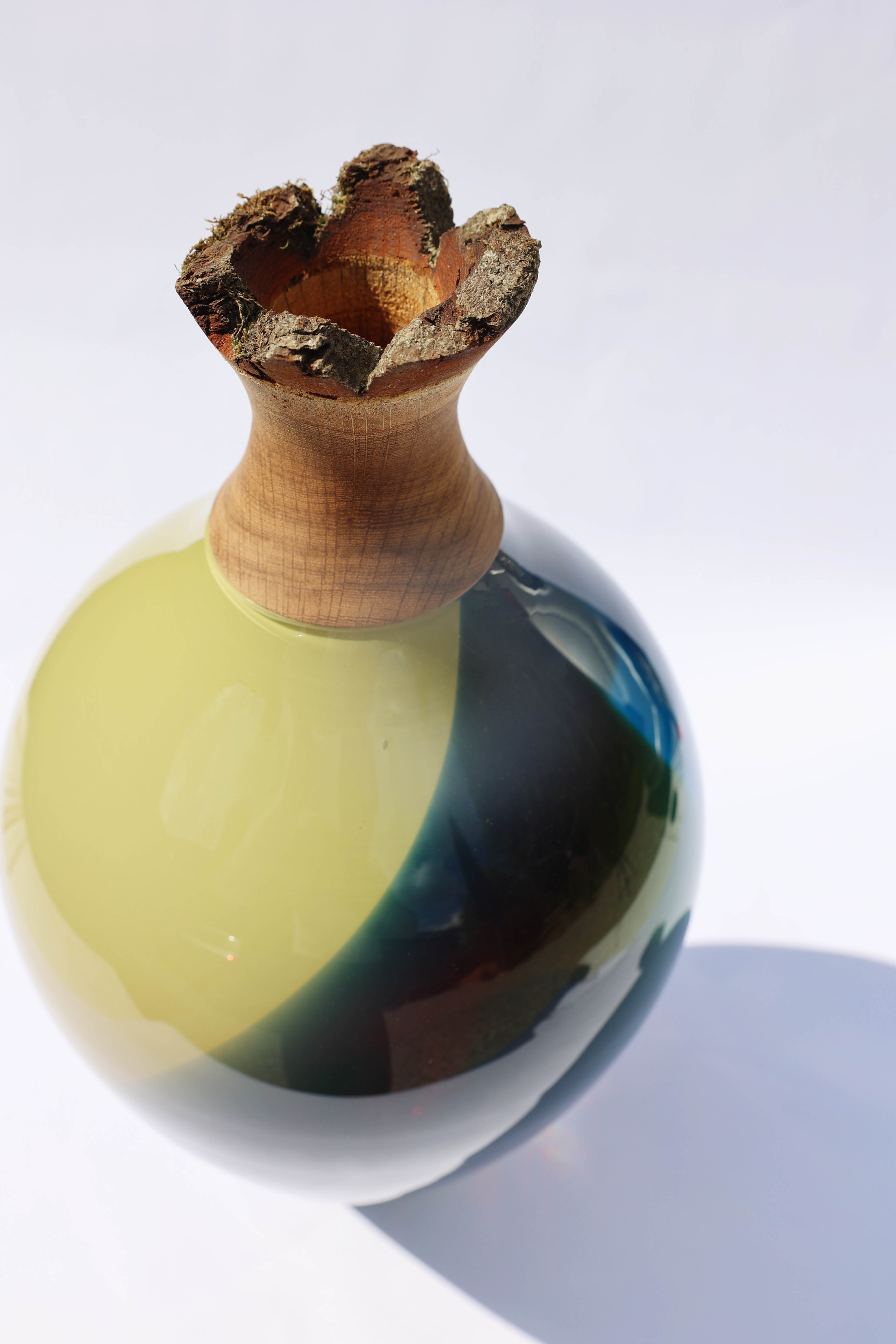 Splash | Stacking Vessel in dual coloured glass with a wood crown