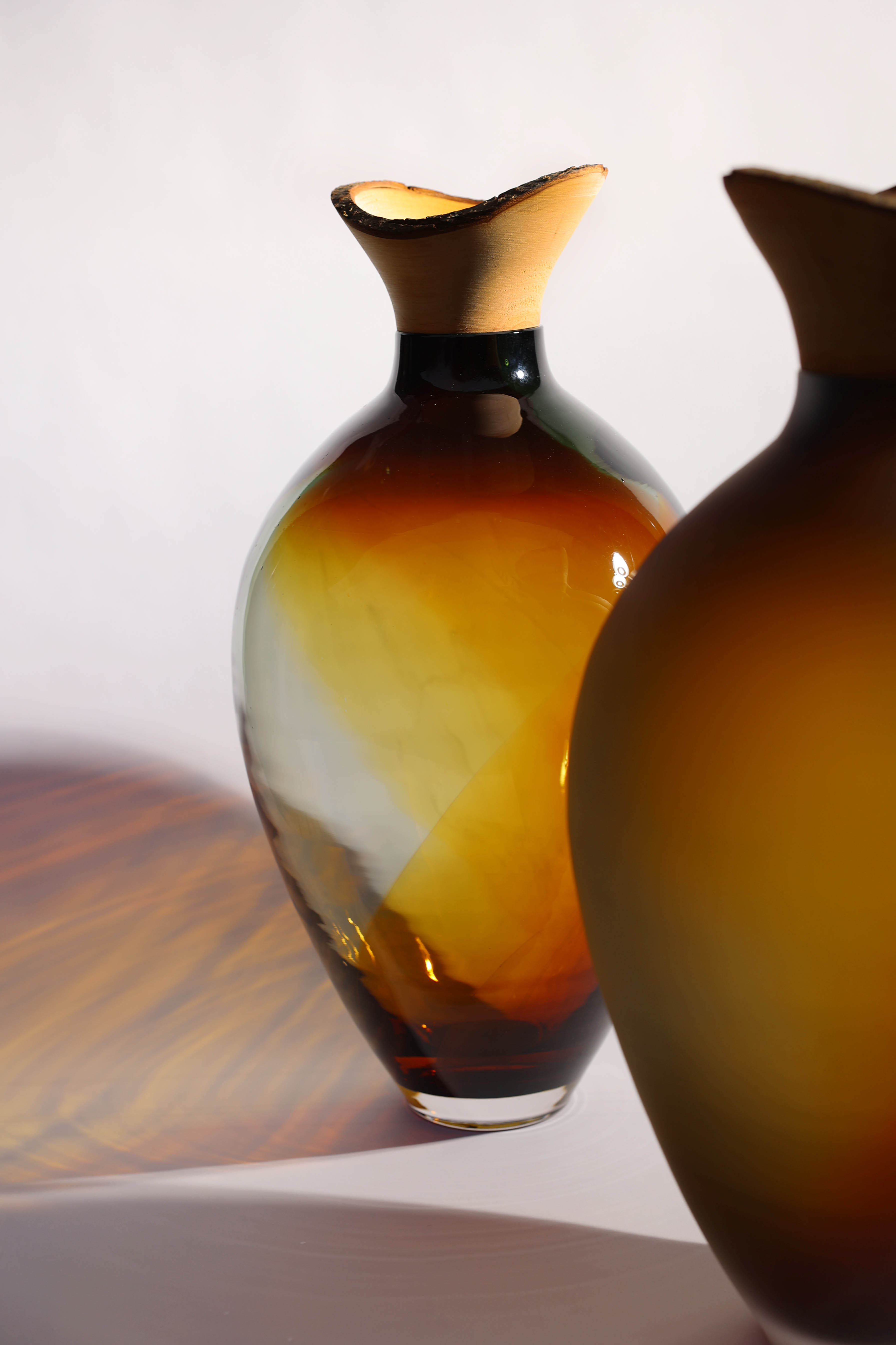 Splash | Stacking Vessel in dual coloured glass with a wood crown