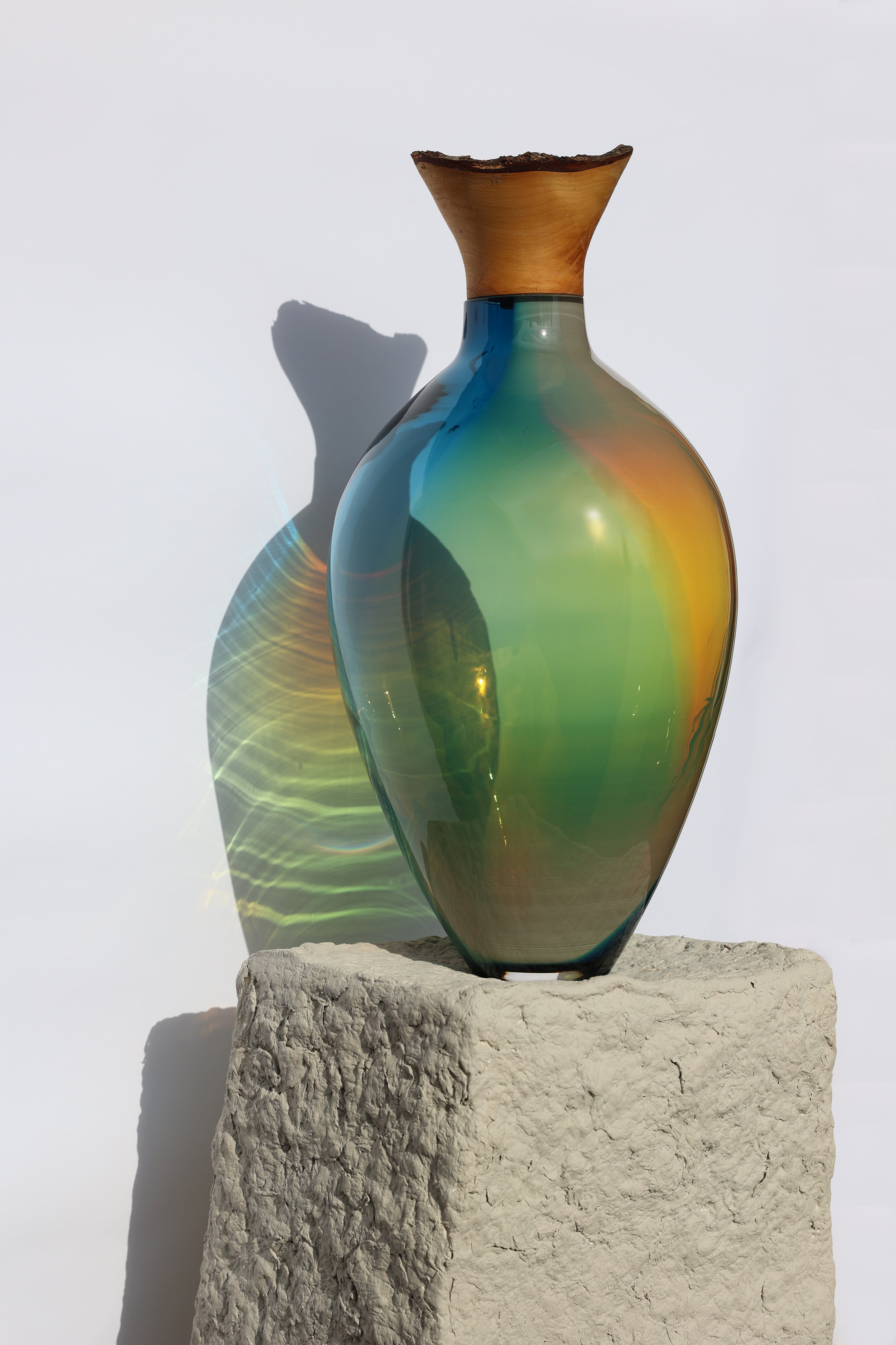 Splash | Stacking Vessel in dual coloured glass with a wood crown