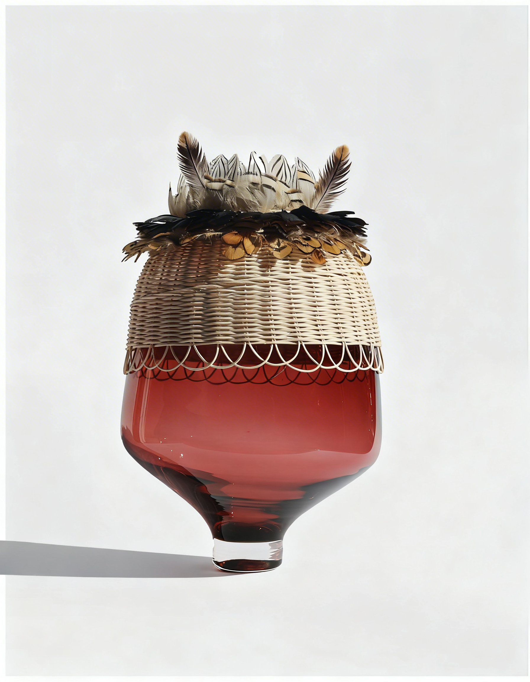 TRIBE | Artful Vase from glass, rattan & feathers